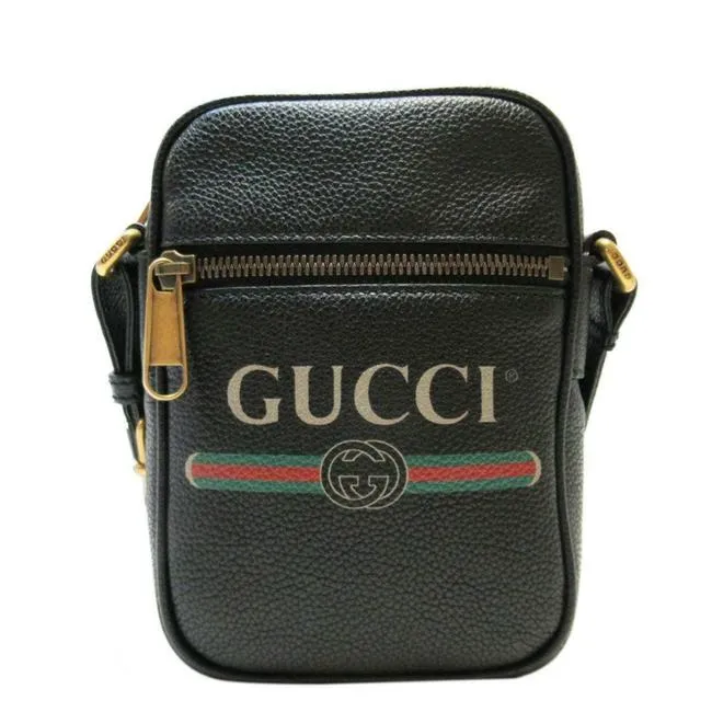 Gucci Logo Print Leather Crossbody Bag in Black