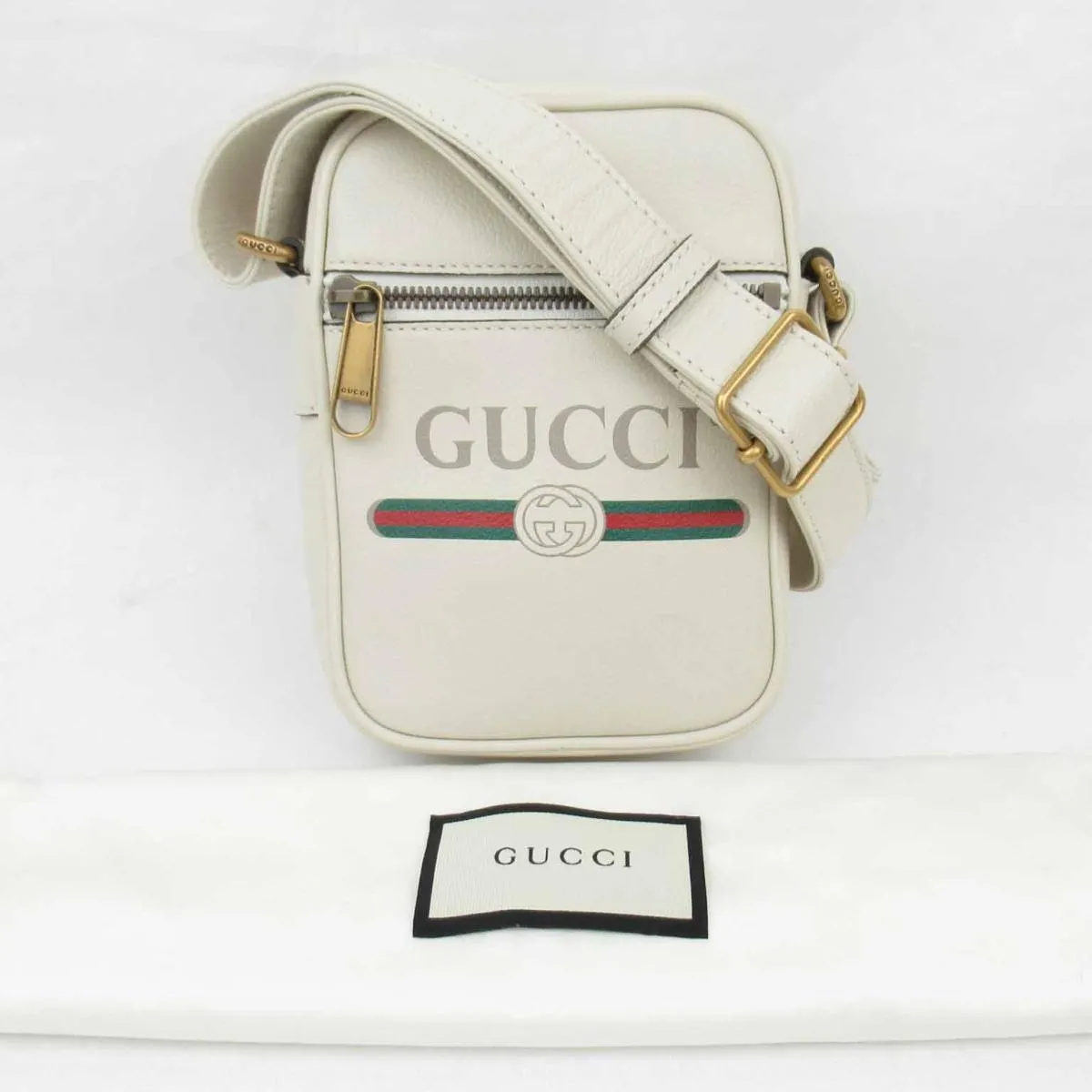 Gucci Logo Print Leather Crossbody Bag in White