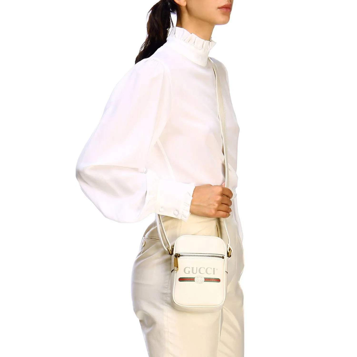 Gucci Logo Print Leather Crossbody Bag in White