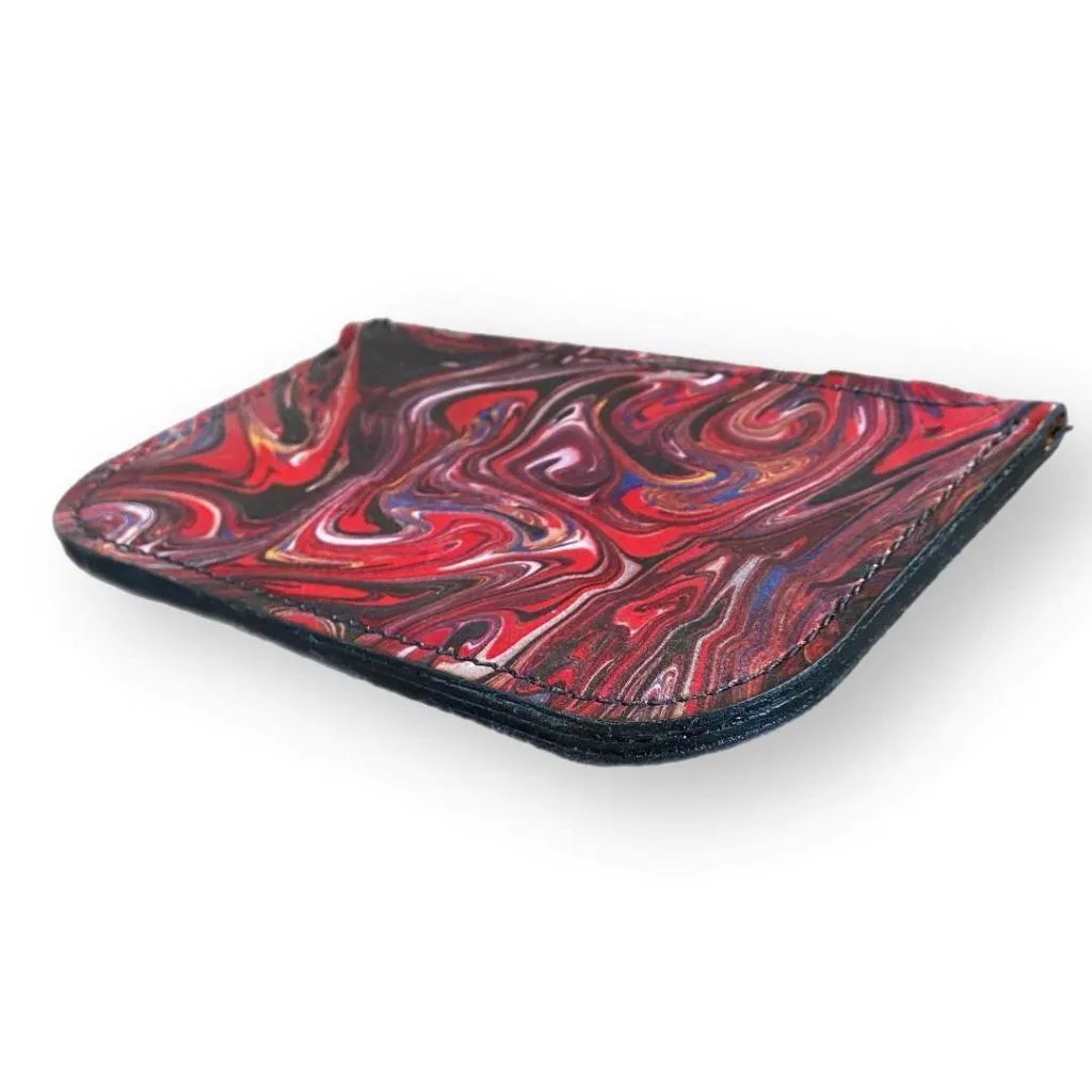Hand Dipped Ink Art Red Black Leather Zipper Pouch Wallet Purse Women's Men's