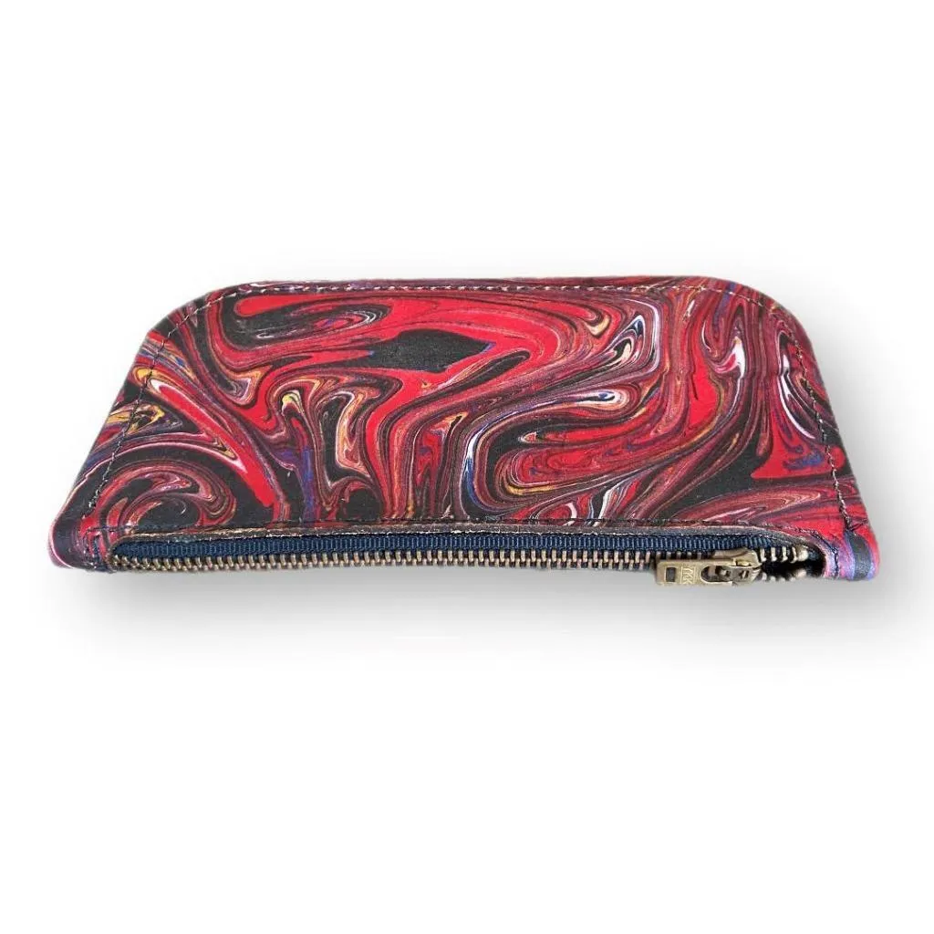 Hand Dipped Ink Art Red Black Leather Zipper Pouch Wallet Purse Women's Men's