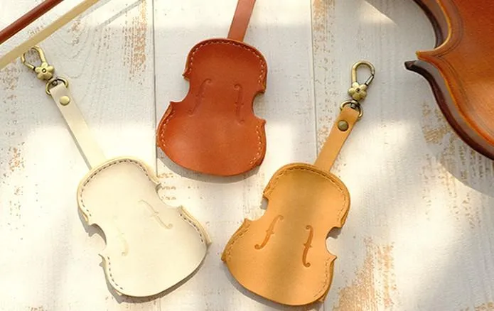 Handmade Leather Cute Violin Camel Keyring Keychain Women Personalized Monogrammed Gift Custom Wallet Women Keyring Keychain