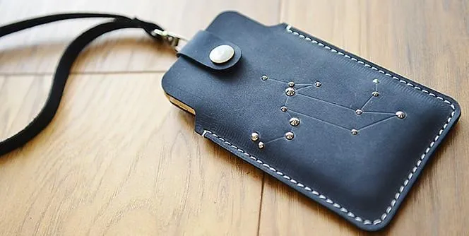 HANDMADE LEATHER CUTE Women Blue Constellation iPhone Case Holder PERSONALIZED MONOGRAMMED GIFT CUSTOM Wallet