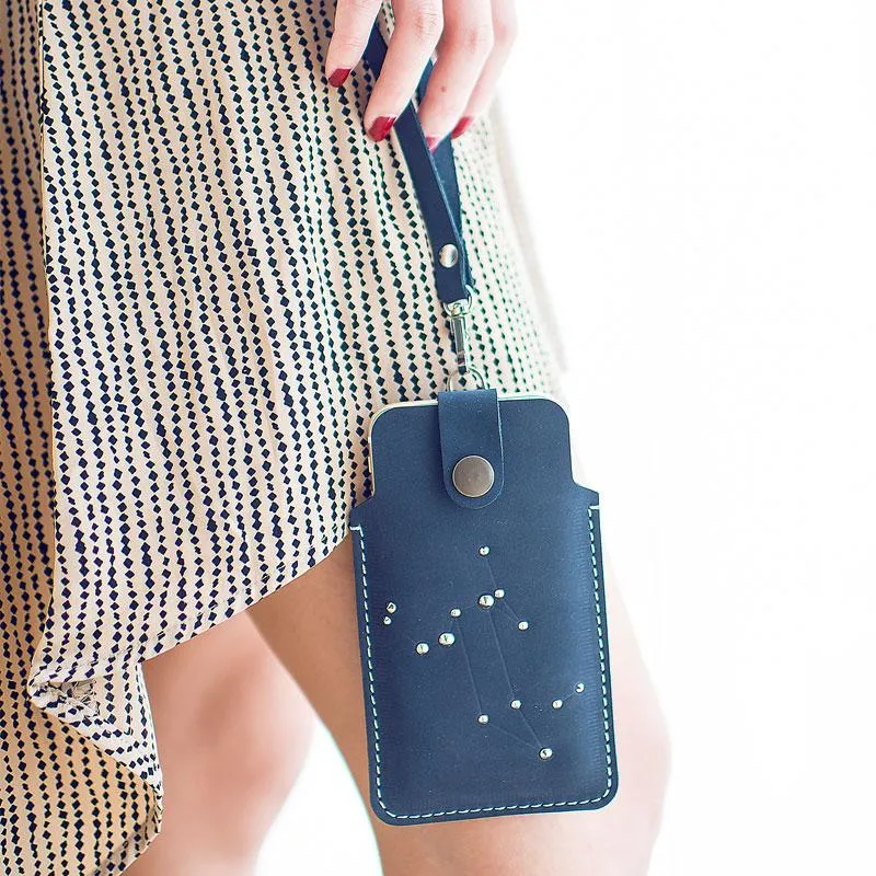 HANDMADE LEATHER CUTE Women Blue Constellation iPhone Case Holder PERSONALIZED MONOGRAMMED GIFT CUSTOM Wallet