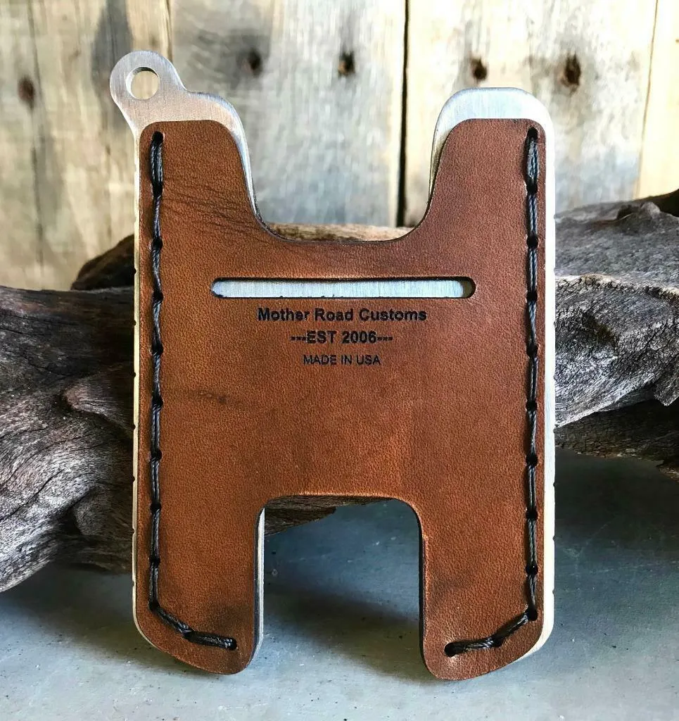 Hawk Two Minimalist Men's Women's Brown Veg Tan Leather Stainless Steel Wallet