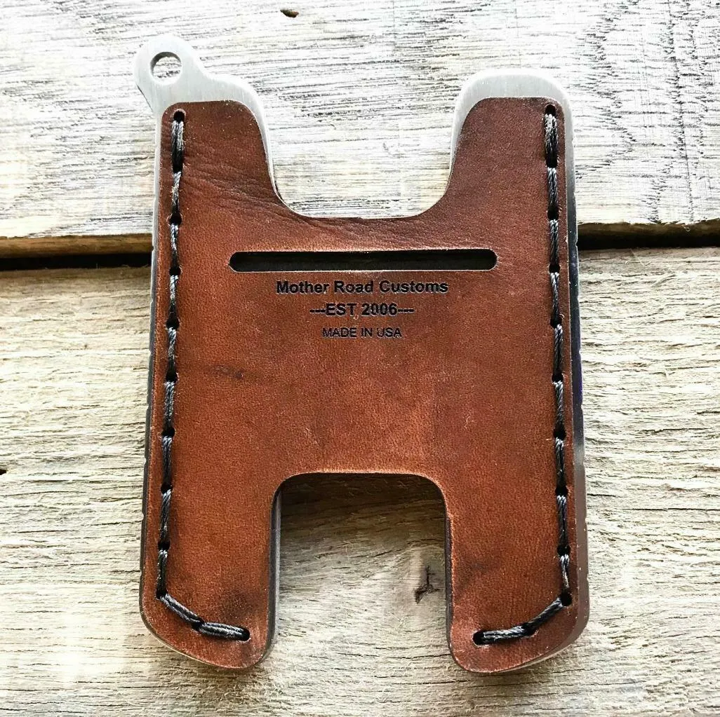 Hawk Two Minimalist Men's Women's Brown Veg Tan Leather Stainless Steel Wallet