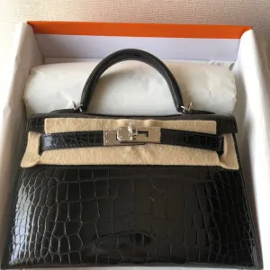 Hermes Kelly 20 Noir (Black) Sellier Alligator Mississippi Lisse Palladium Hardware PHW