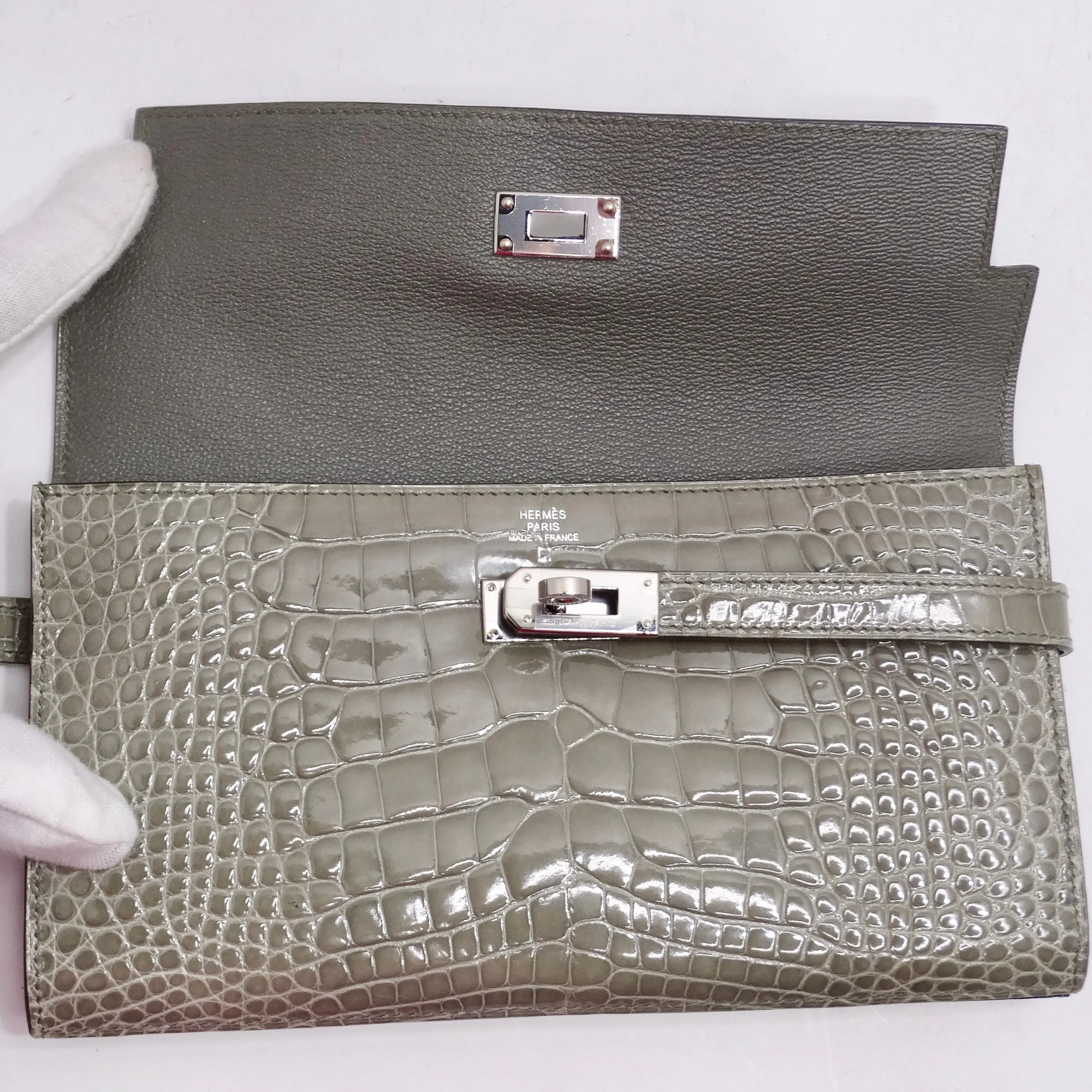 Hermes Kelly Long Wallet Coveted Gris Tourterelle Alligator Palladium