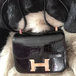 Hermès Constance 24 Noir (Black) Alligator Mississippi Lisse Rose Gold Hardware RGHW