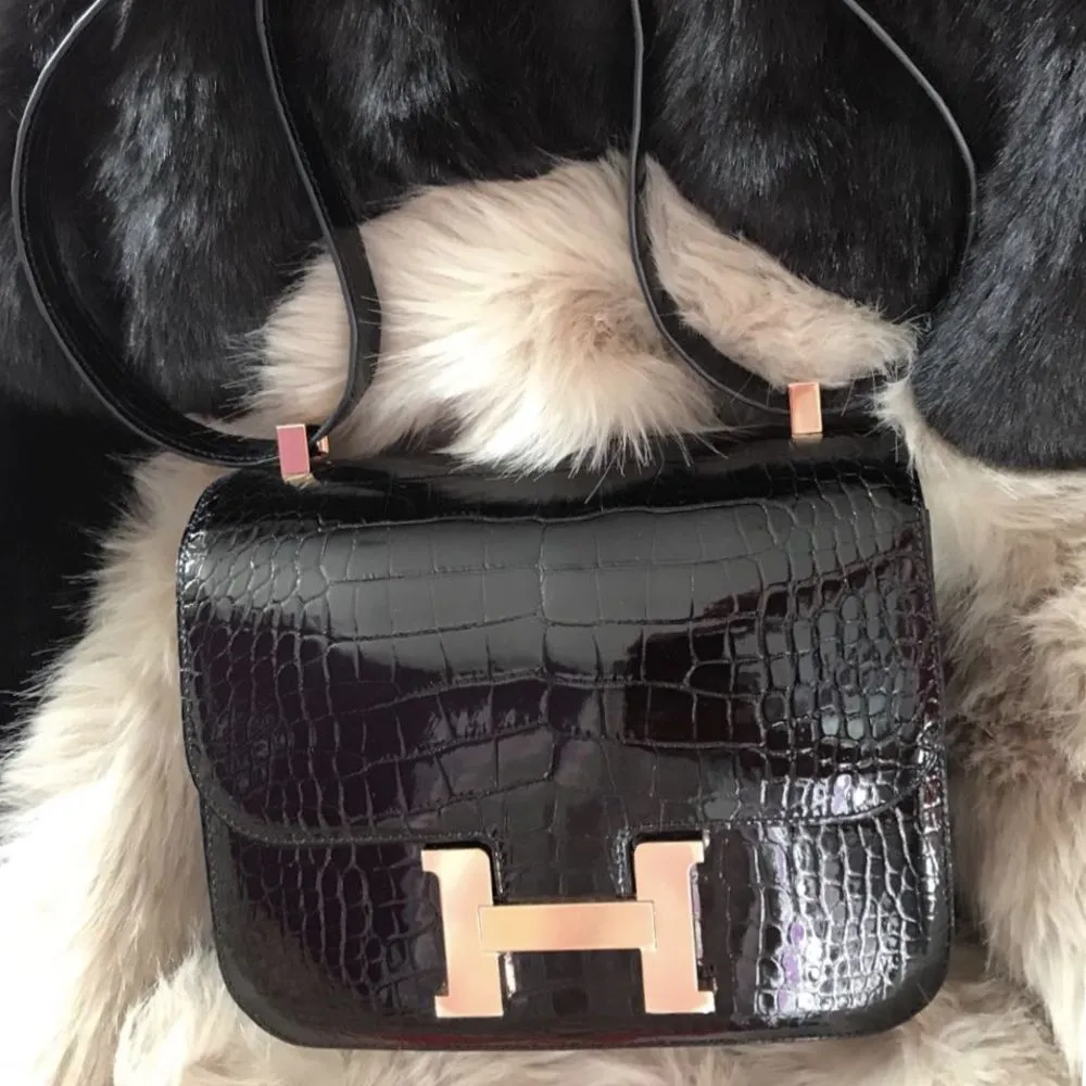 Hermès Constance 24 Noir (Black) Alligator Mississippi Lisse Rose Gold Hardware RGHW