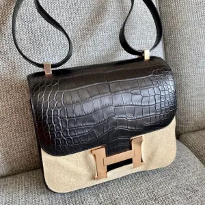 Hermès Constance 24 Noir (Black) Alligator Mississippi Matte Rose Gold Hardware RGHW