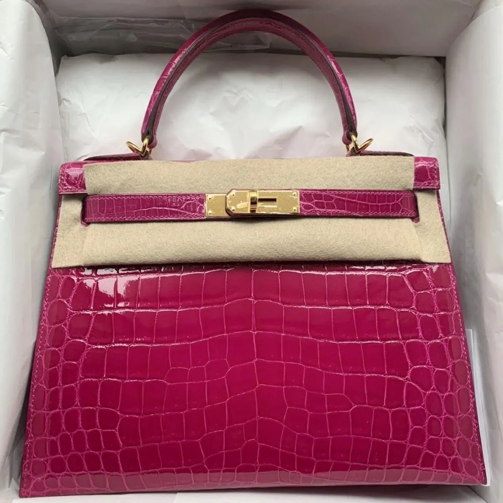 Hermès Kelly 28 Rose Sheherazade Sellier Crocodile Niloticus Lisse Gold Hardware GHW