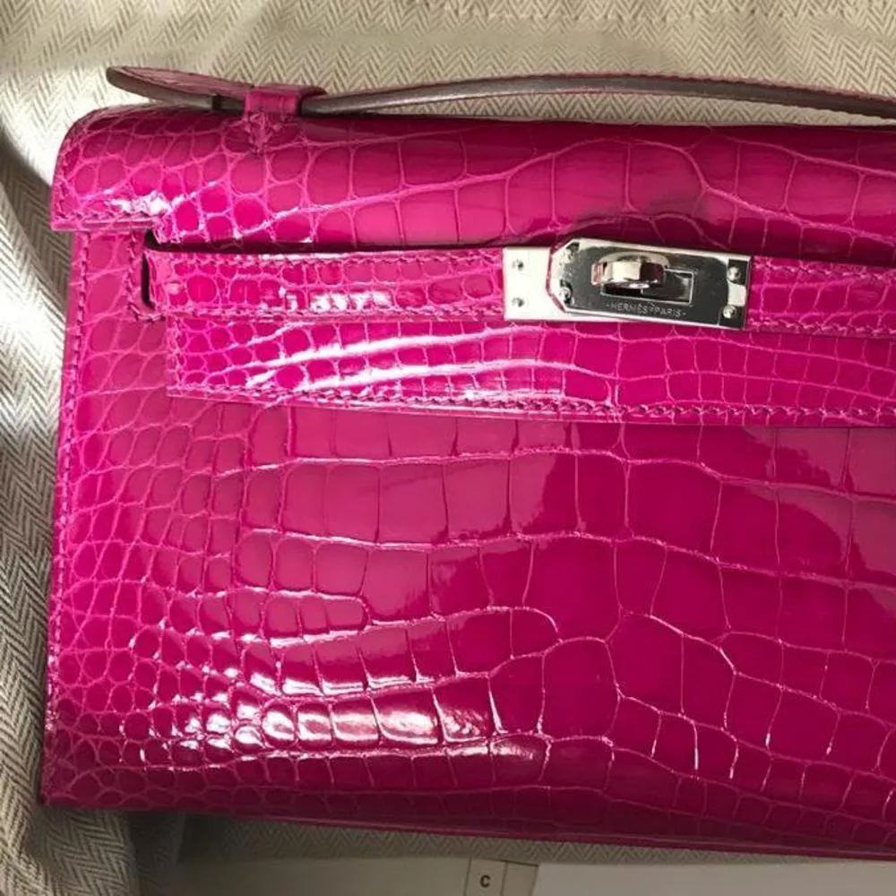 Hermès Kelly Pochette Rose Sheherazade Alligator Mississippi Lisse Palladium Hardware PHW
