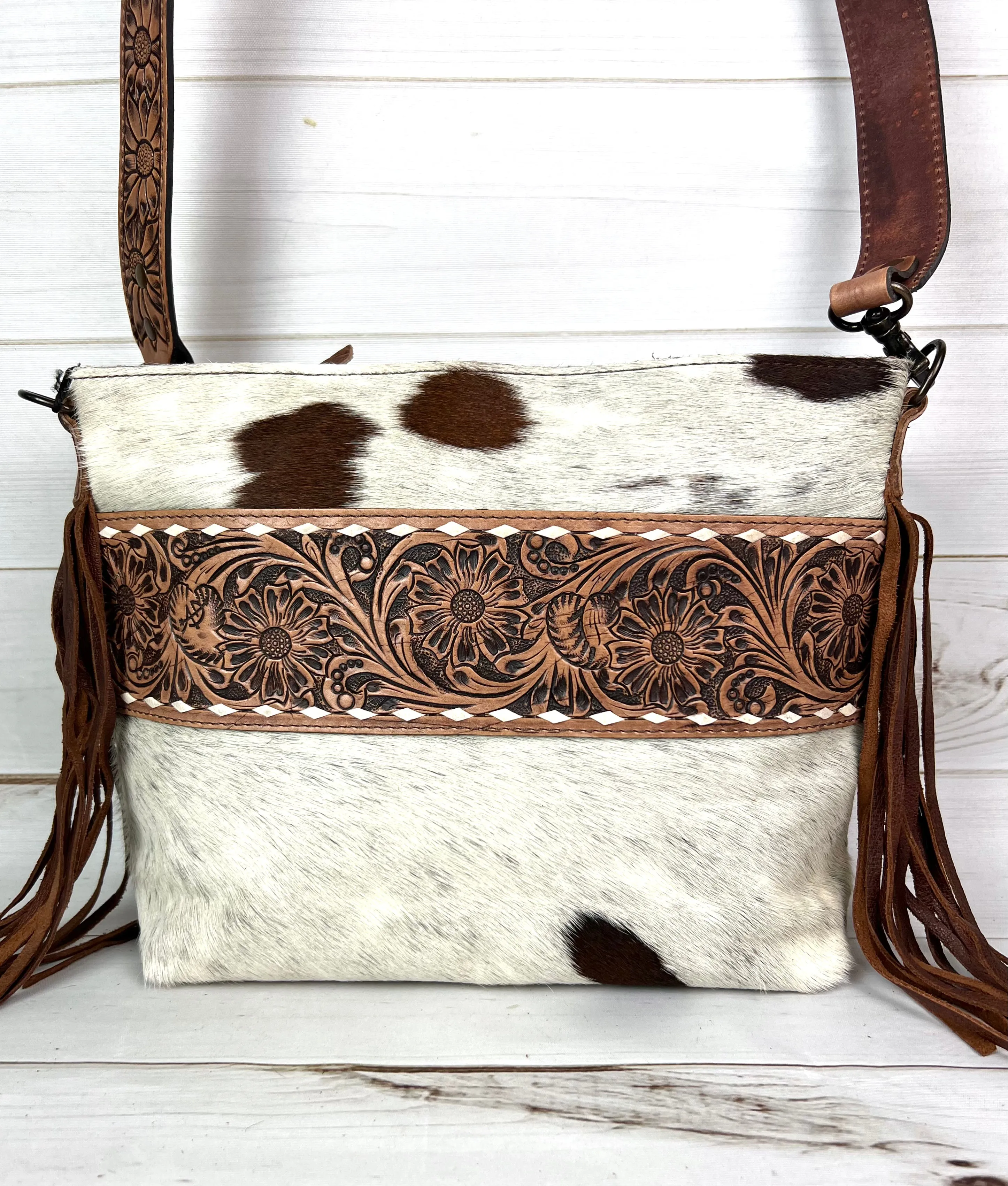 Hide Tooled Leather Band Crossbody Bag