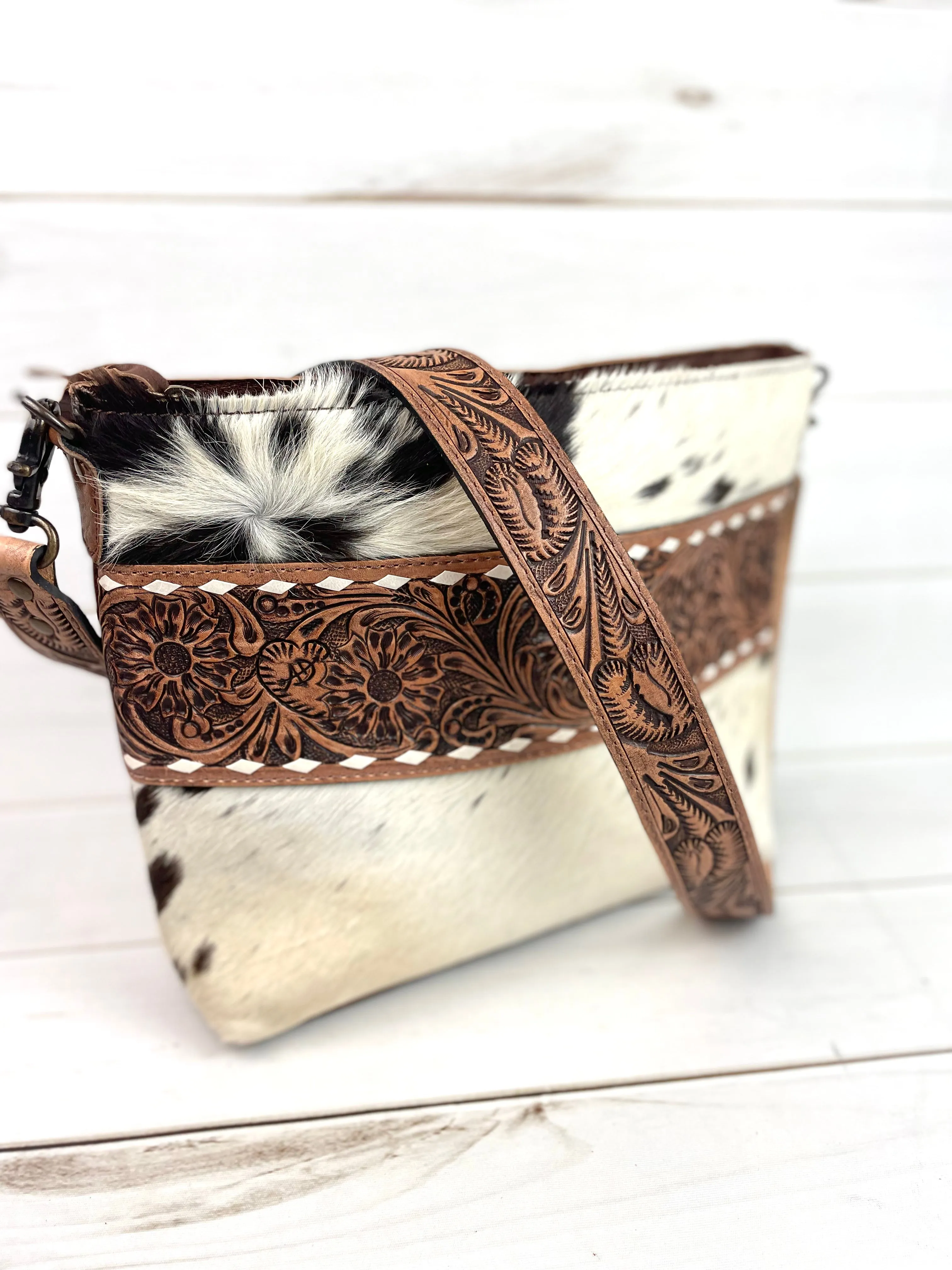 Hide Tooled Leather Band Crossbody Bag
