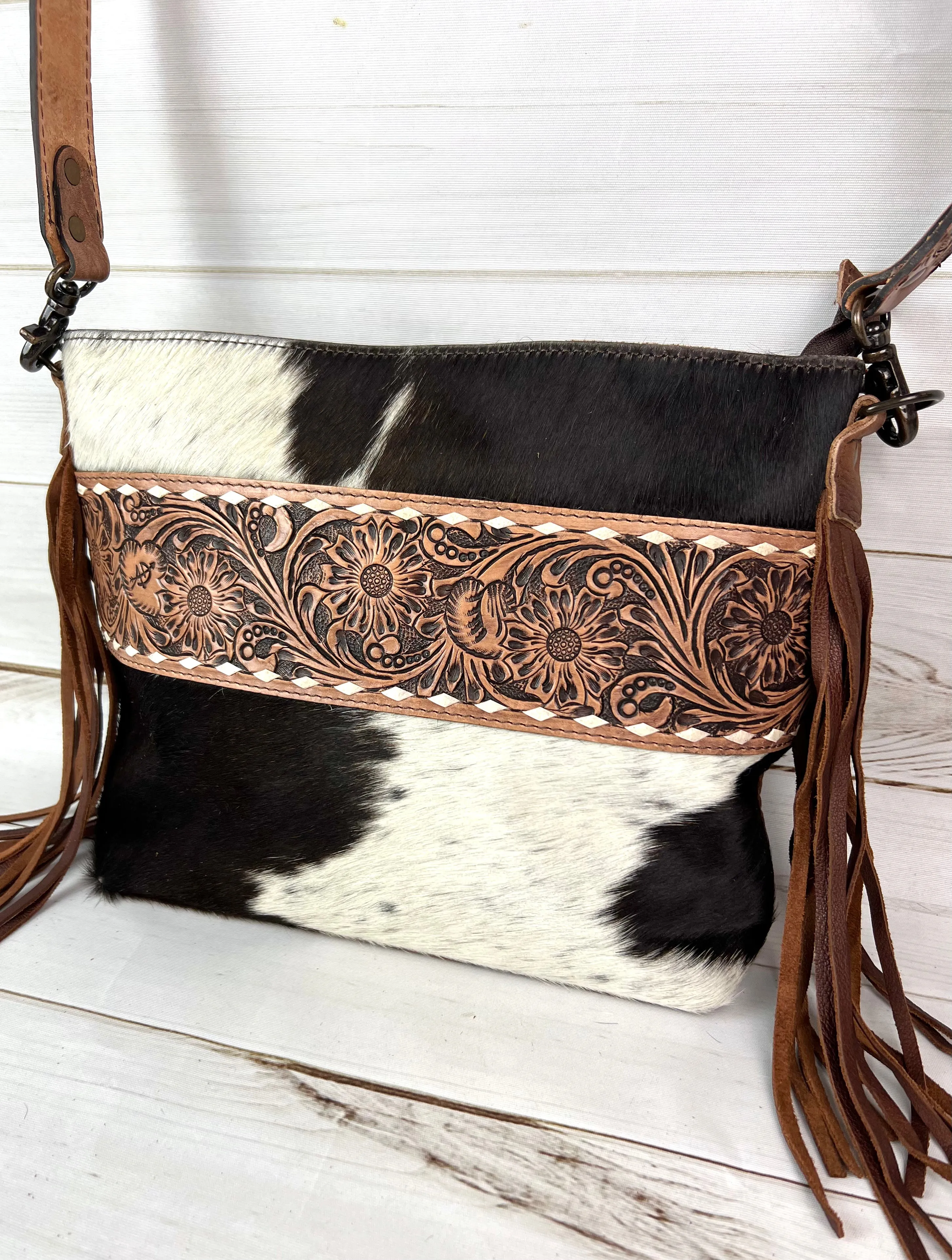 Hide Tooled Leather Band Crossbody Bag
