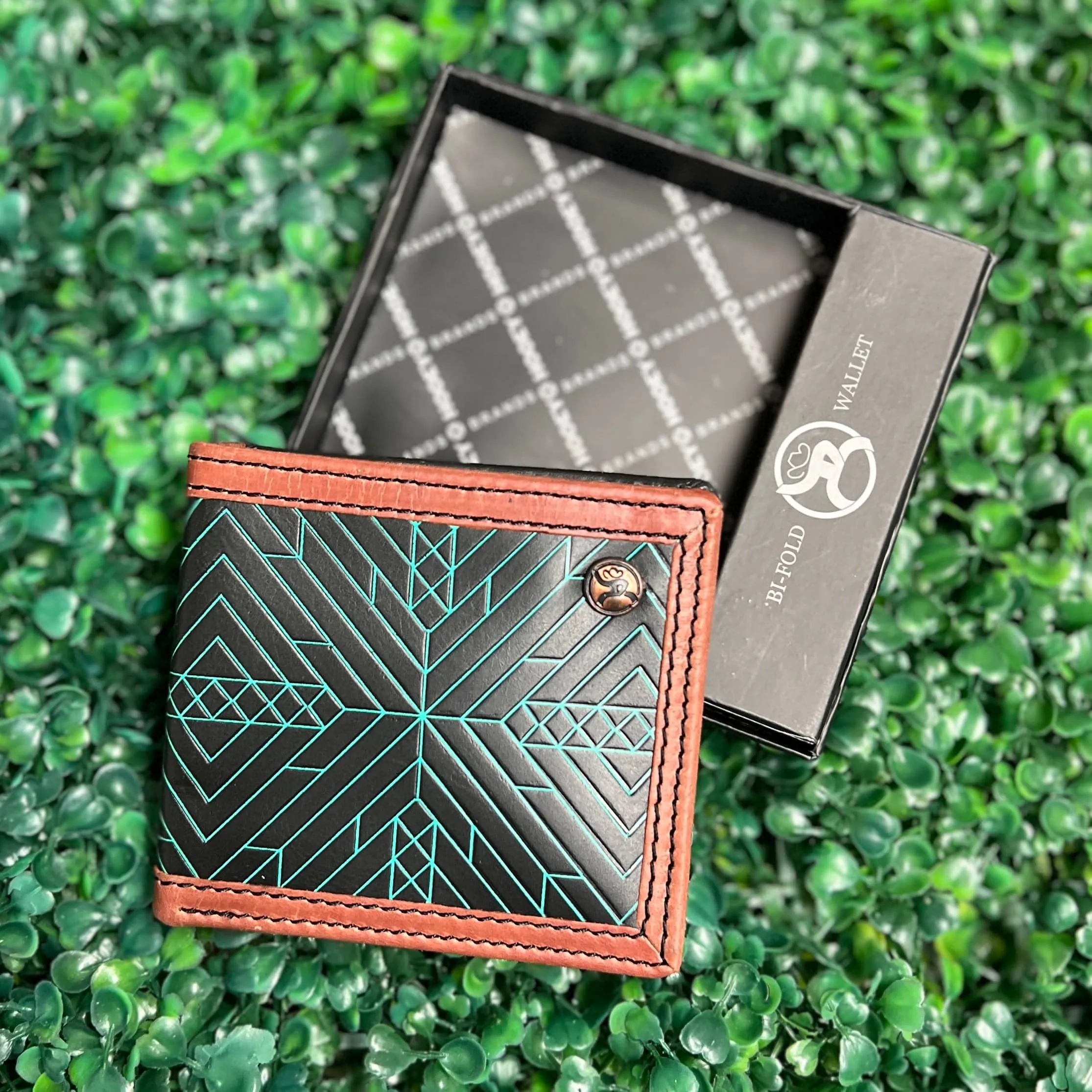 HOOEY  "NEON MOON" BIFOLD ROUGHY WALLET BLACK/BROWN W/TURQUOISE AZTEC