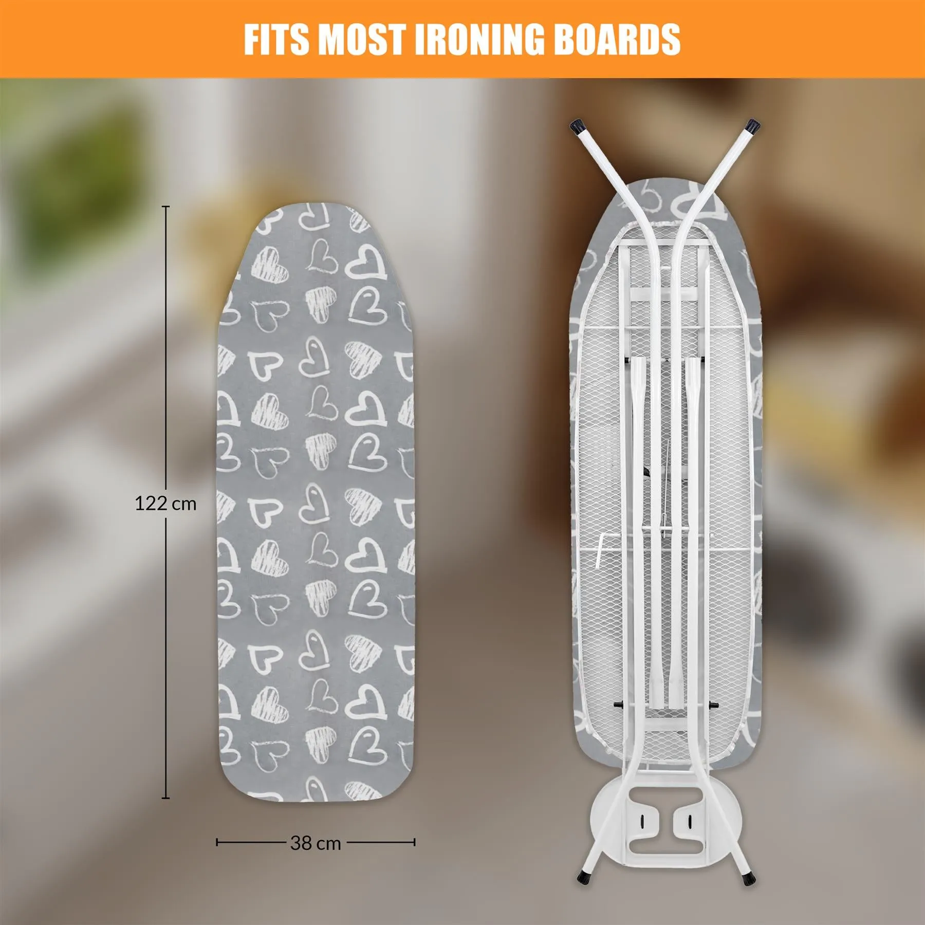 Ironing Board Cover - Grey Hearts (122 x 38 cm)