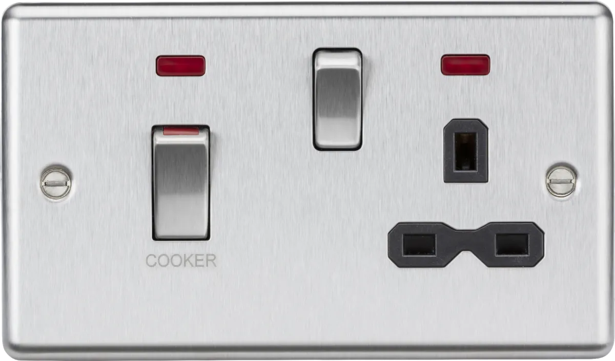 Knightsbridge CL83MNBC Rounded Edge 45A DP Cooker Switch   13A Switched Socket   Neon - Brushed Chrome   Black Insert