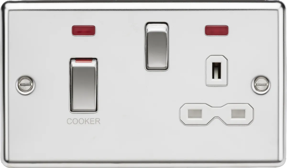 Knightsbridge CL83MNPCW Rounded Edge 45A DP Cooker Switch   13A Switched Socket   Neon - Polished Chrome   White Insert
