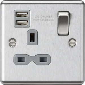 Knightsbridge CL9124BCG Rounded Edge 13A 1G Switched Socket  2xUSB 2.4A - Brushed Chrome   Grey Insert