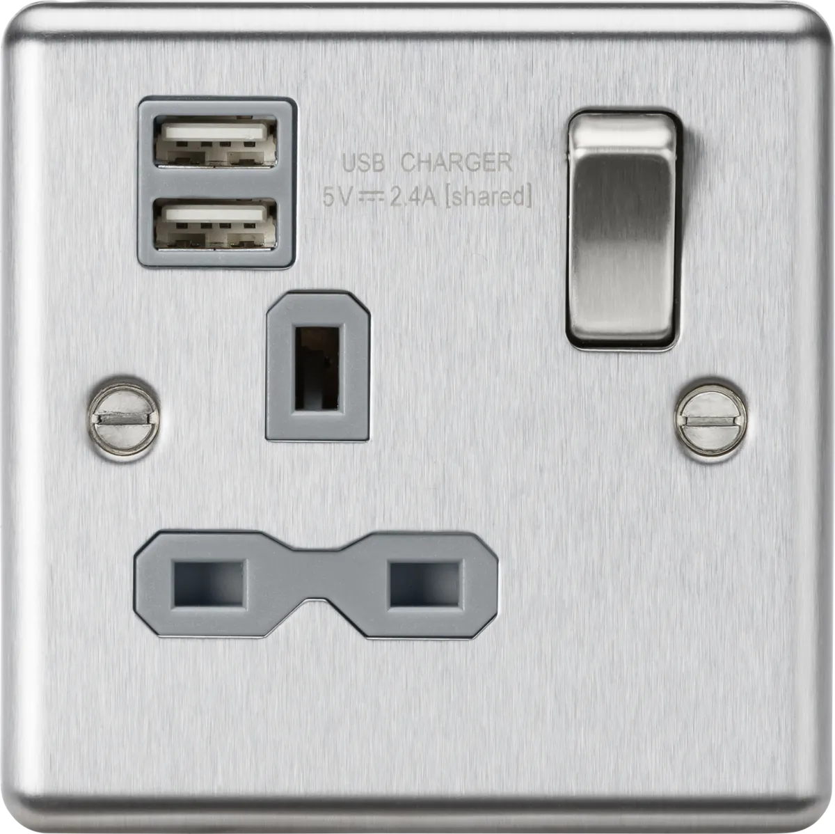 Knightsbridge CL9124BCG Rounded Edge 13A 1G Switched Socket  2xUSB 2.4A - Brushed Chrome   Grey Insert