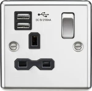 Knightsbridge CL91PC Rounded Edge 13A 1G Switch Socket  2xUSB 2.1A - Polished Chrome   Black Insert