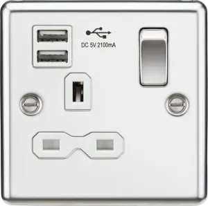 Knightsbridge CL91PCW Rounded Edge 13A 1G Switch Socket  2xUSB 2.1A - Polished Chrome   White Insert
