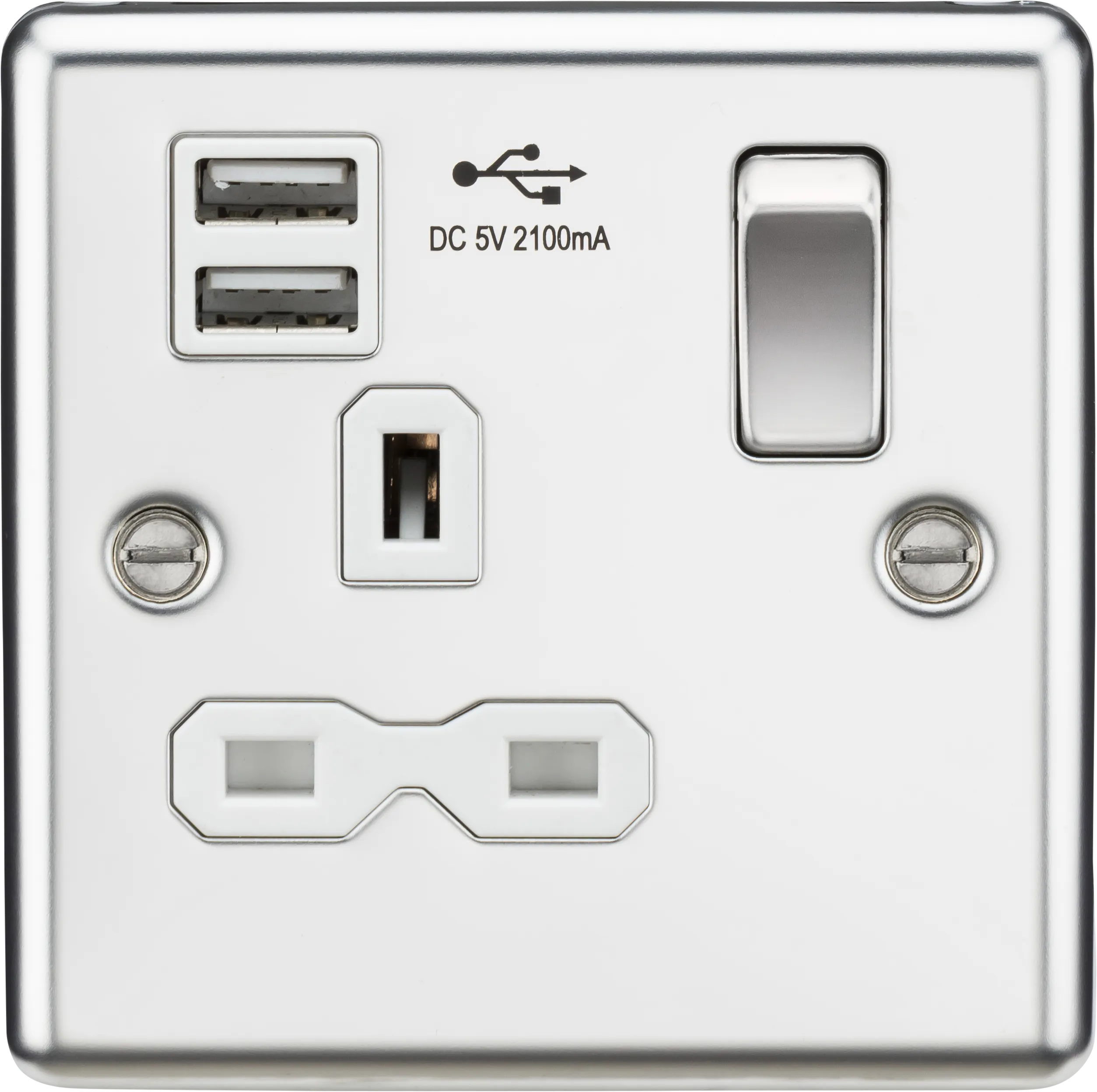 Knightsbridge CL91PCW Rounded Edge 13A 1G Switch Socket  2xUSB 2.1A - Polished Chrome   White Insert
