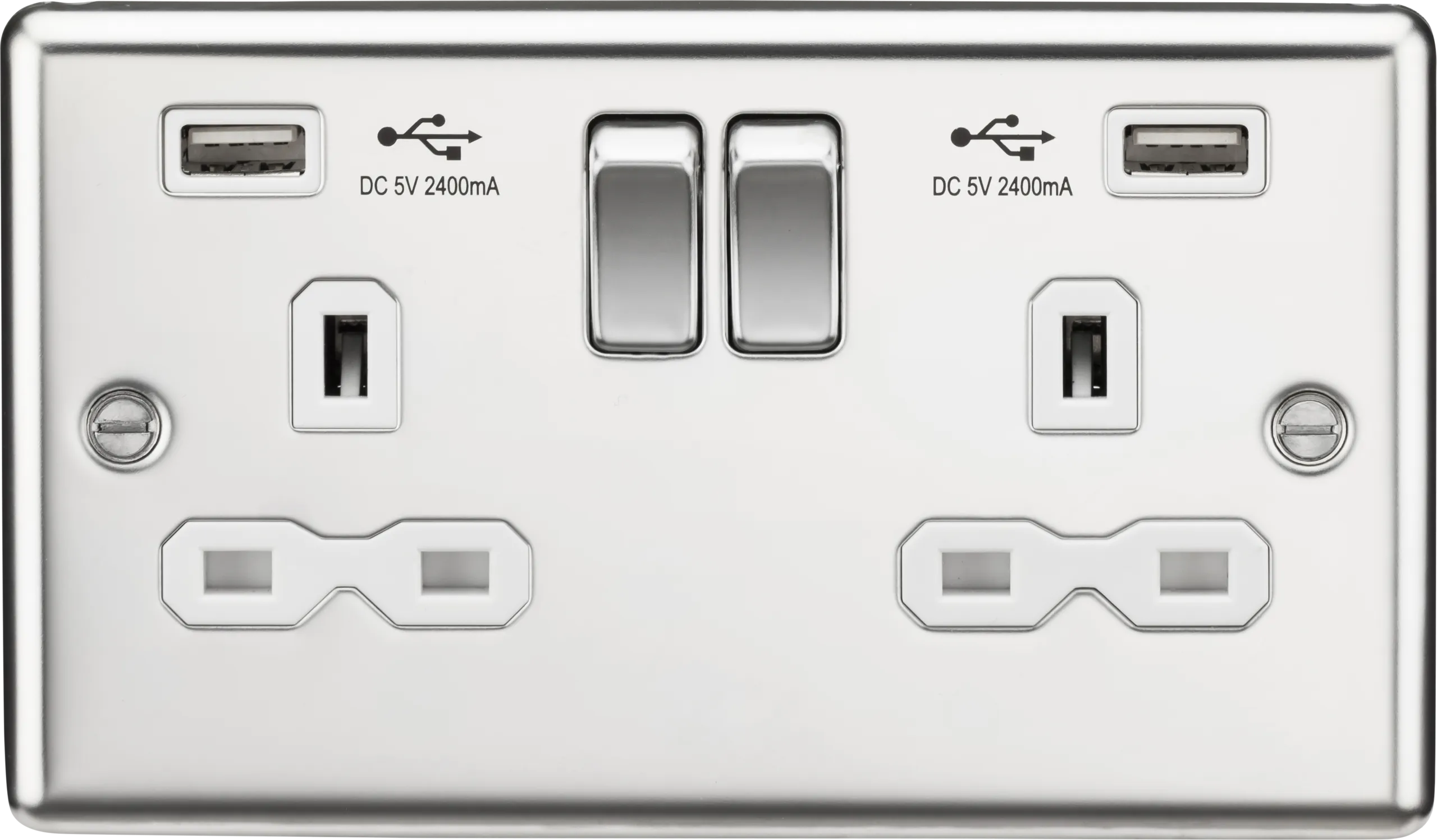 Knightsbridge CL9224PCW Rounded Edge 13A 2G Switch Socket  2xUSB 2.4A - Polished Chrome   White Insert