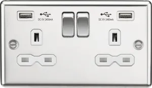 Knightsbridge CL9224PCW Rounded Edge 13A 2G Switch Socket  2xUSB 2.4A - Polished Chrome   White Insert
