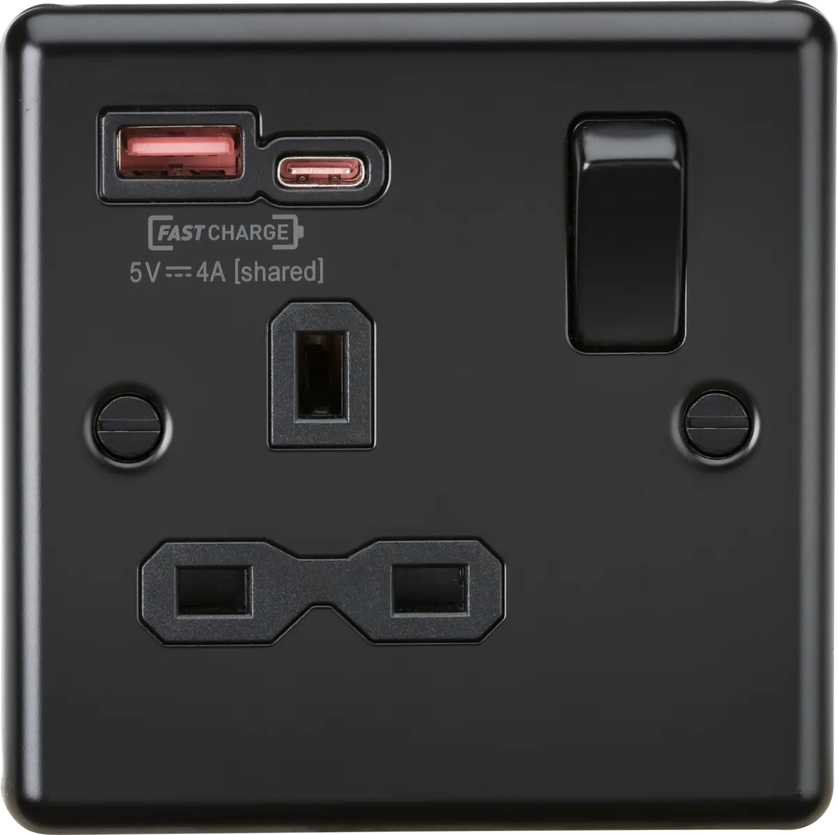 Knightsbridge CL9919MBB Rounded Edge 13A 1G SP Switched Socket   2xUSB A C [Max. 18W QC/PD FASTCHARGE] - Matt Black