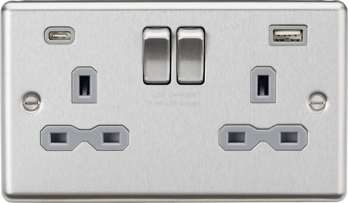 Knightsbridge CL9940BCG Rounded Edge 13A 2G SP Switched Socket   2xUSB A C (5V DC 4.0A Shared) - Brushed Chrome   Grey Insert