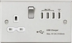 Knightsbridge CS7USB4BCW Square Edge 13A Switch Socket   4xUSB 5.1A - Brushed Chrome   White Insert