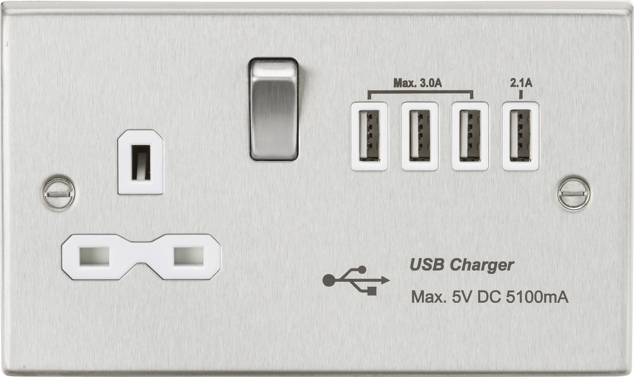 Knightsbridge CS7USB4BCW Square Edge 13A Switch Socket   4xUSB 5.1A - Brushed Chrome   White Insert