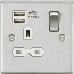 Knightsbridge CS91BCW Square Edge 13A 1G Switch Socket  2xUSB 2.1A - Brushed Chrome   White Insert
