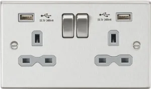 Knightsbridge CS9224BCG Square Edge 13A 2G Switch Socket  2xUSB 2.4A - Brushed Chrome   Grey Insert