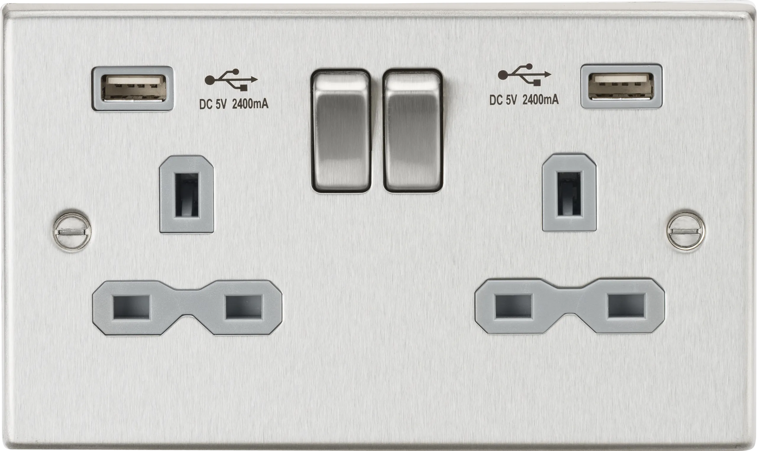 Knightsbridge CS9224BCG Square Edge 13A 2G Switch Socket  2xUSB 2.4A - Brushed Chrome   Grey Insert