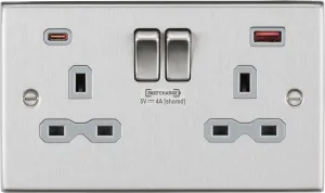 Knightsbridge CS9909BCG Square Edge 13A 2G DP Switch Socket   2xUSB A C FAST - Brushed Chrome   Grey Insert