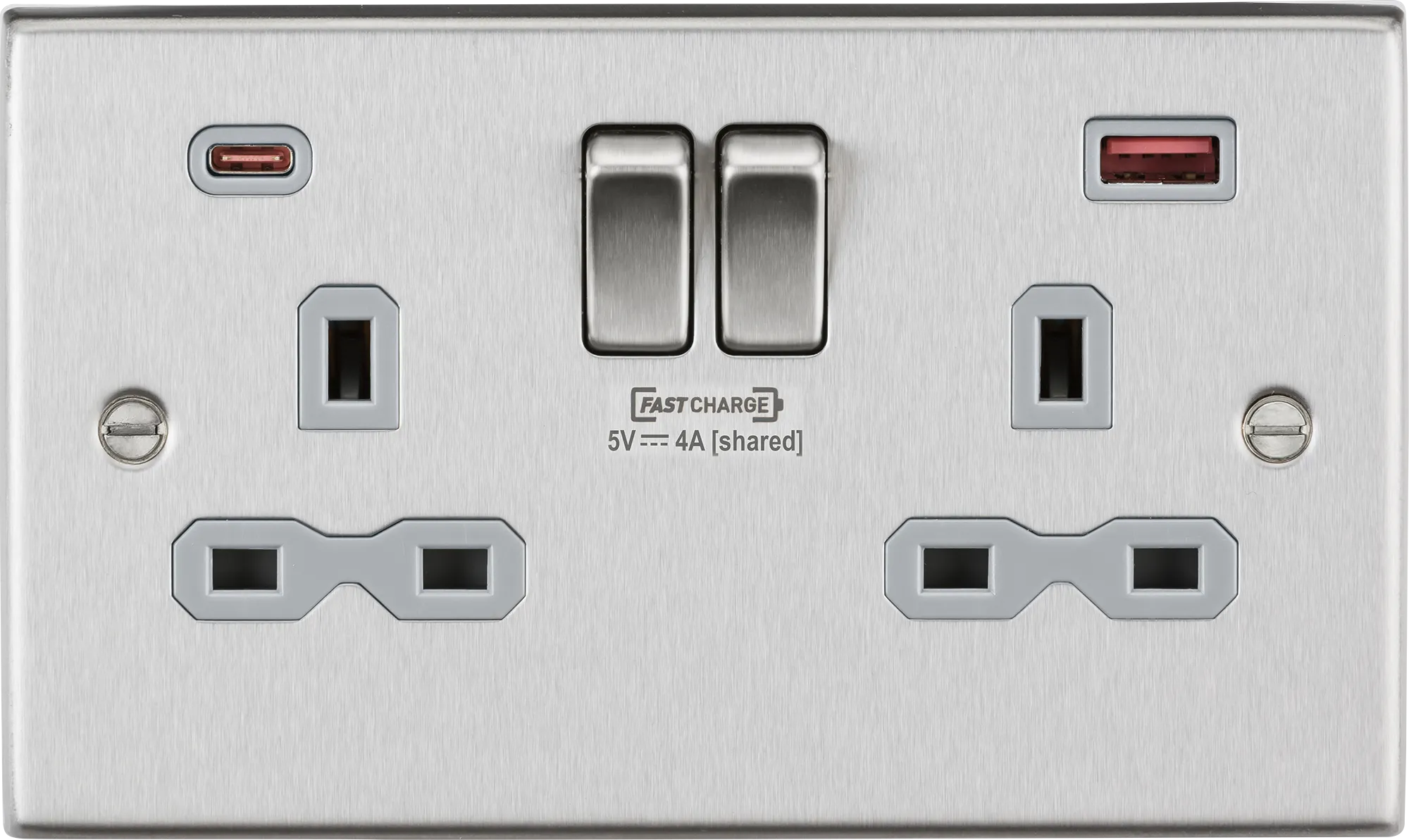 Knightsbridge CS9909BCG Square Edge 13A 2G DP Switch Socket   2xUSB A C FAST - Brushed Chrome   Grey Insert