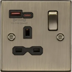 Knightsbridge CS9919AB Square Edge 13A 1G SP Switched Socket   2xUSB(A C) [Max. 18W QC/PD FASTCHARGE] - Antique Brass