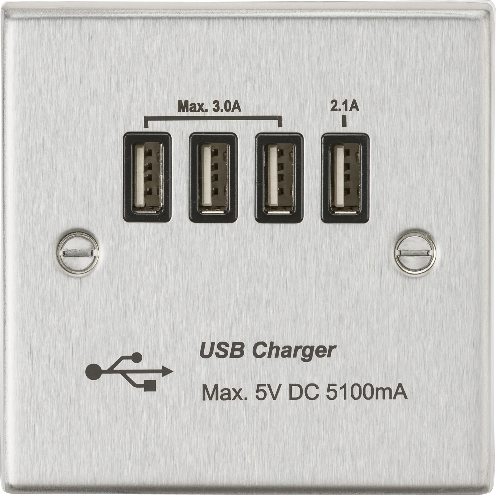 Knightsbridge CSQUADBC Square Edge Quad USB Charger Outlet 5.1A - Brushed Chrome   Black Insert
