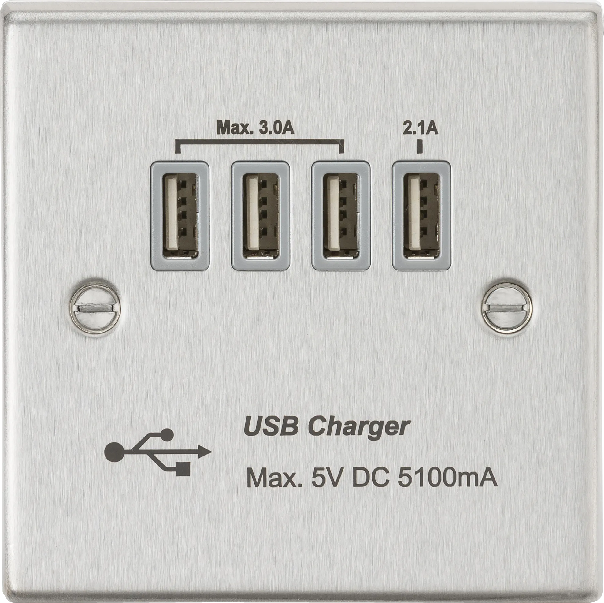 Knightsbridge CSQUADBCG Square Edge Quad USB Charger Outlet 5.1A - Brushed Chrome   Grey Insert