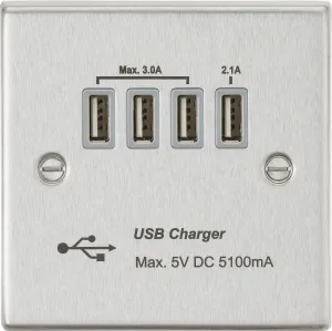 Knightsbridge CSQUADBCG Square Edge Quad USB Charger Outlet 5.1A - Brushed Chrome   Grey Insert