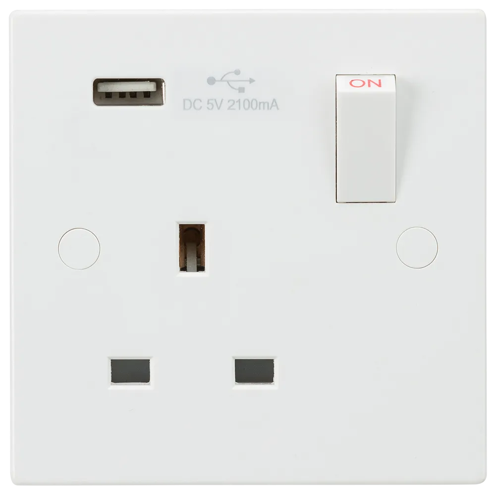 Knightsbridge SN9903 White Square Edge 13A 1G Switched Socket   USB 5V DC 2.1A