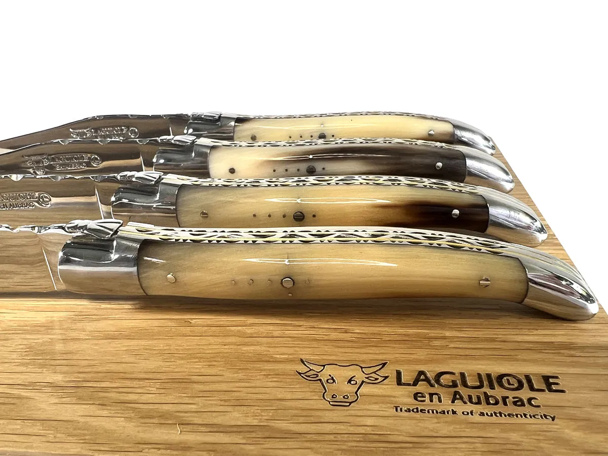 Laguiole en Aubrac Luxury Handcrafted Stainless Steel & Brass Double Plate 4-Piece Steak Knife Set with Solid Horn Handles