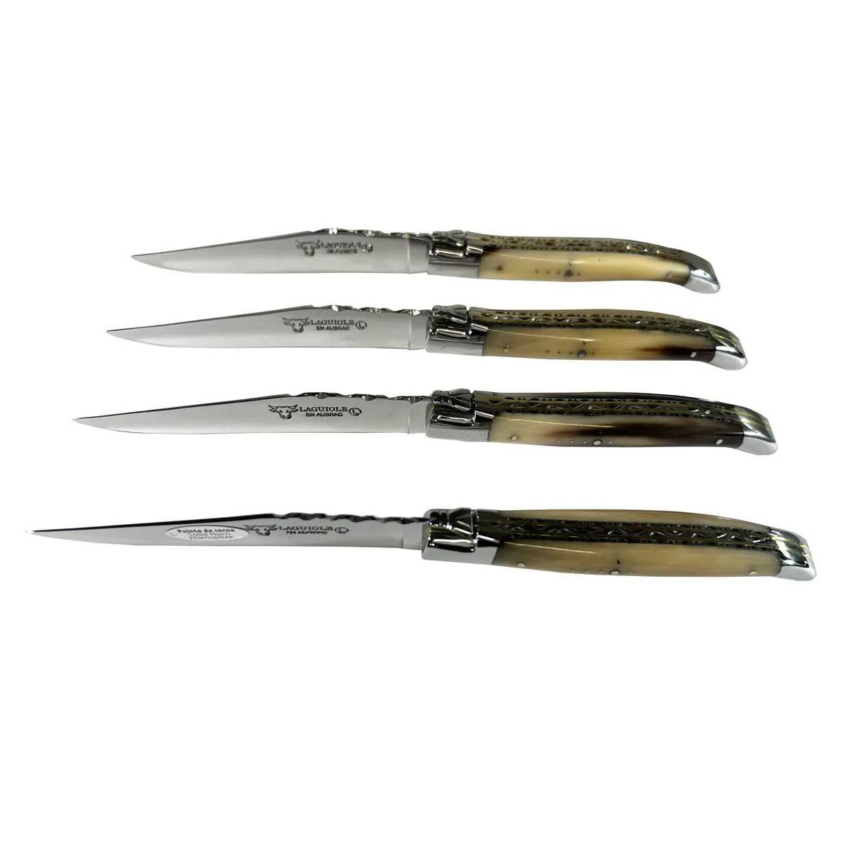 Laguiole en Aubrac Luxury Handcrafted Stainless Steel & Brass Double Plate 4-Piece Steak Knife Set with Solid Horn Handles