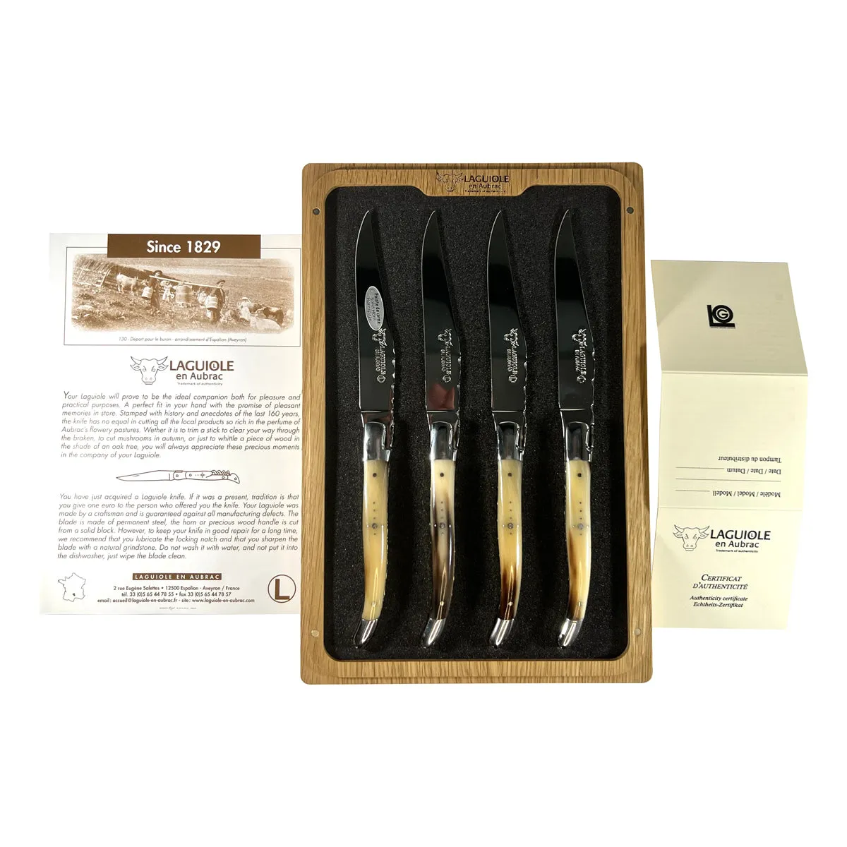 Laguiole en Aubrac Luxury Handcrafted Stainless Steel & Brass Double Plate 4-Piece Steak Knife Set with Solid Horn Handles