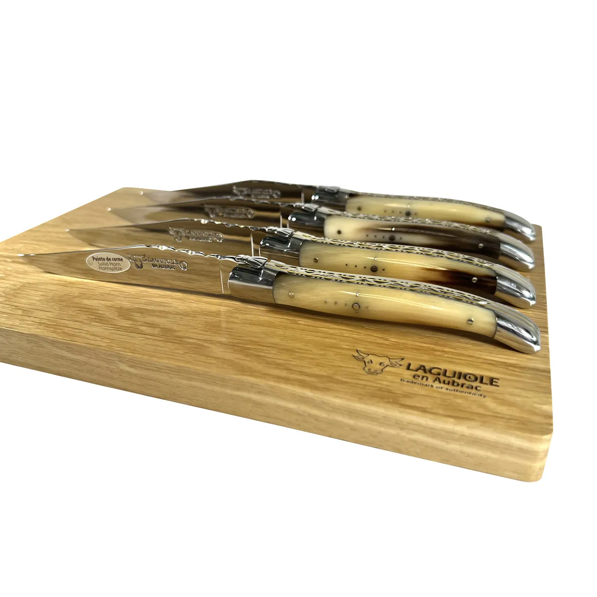 Laguiole en Aubrac Luxury Handcrafted Stainless Steel & Brass Double Plate 4-Piece Steak Knife Set with Solid Horn Handles