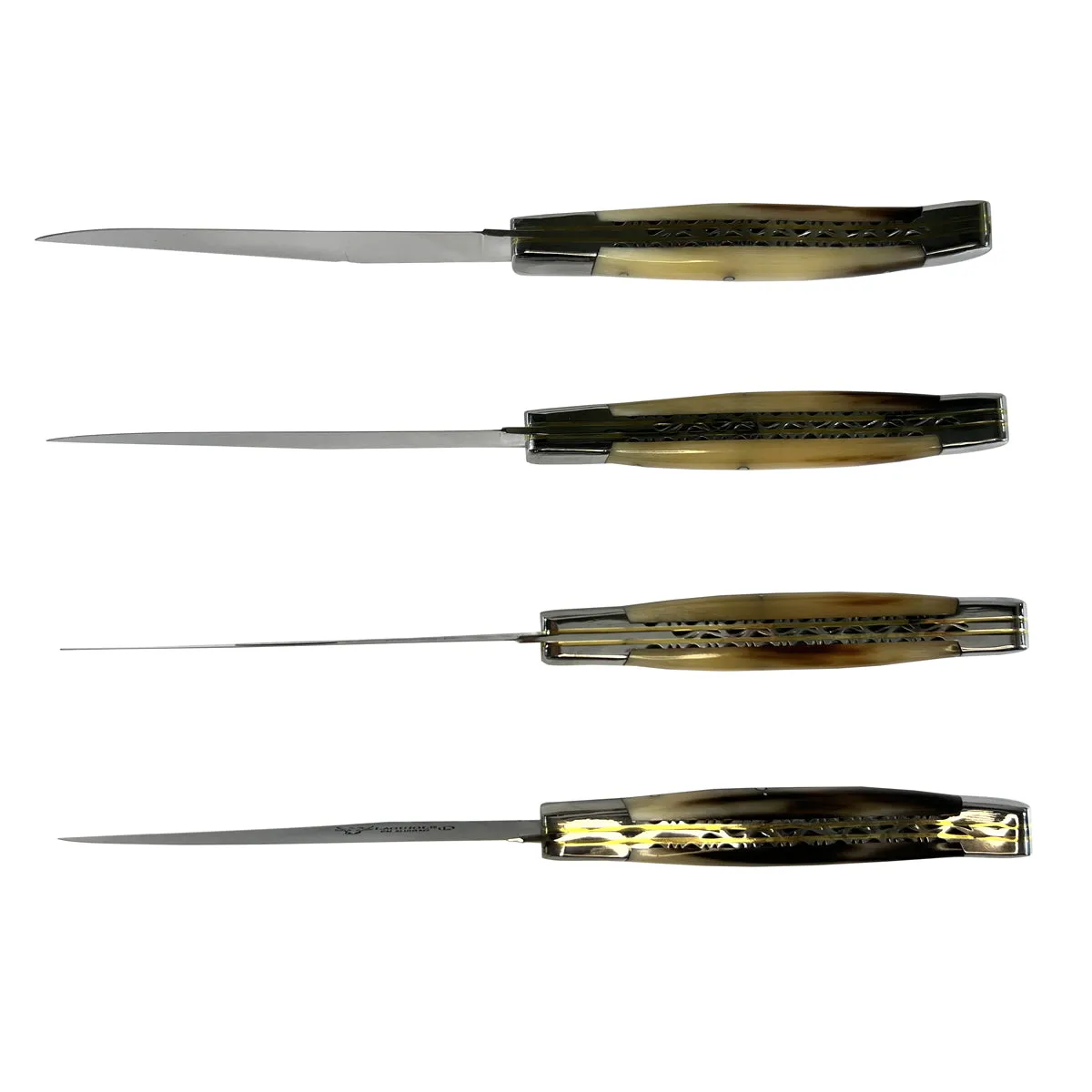 Laguiole en Aubrac Luxury Handcrafted Stainless Steel & Brass Double Plate 4-Piece Steak Knife Set with Solid Horn Handles